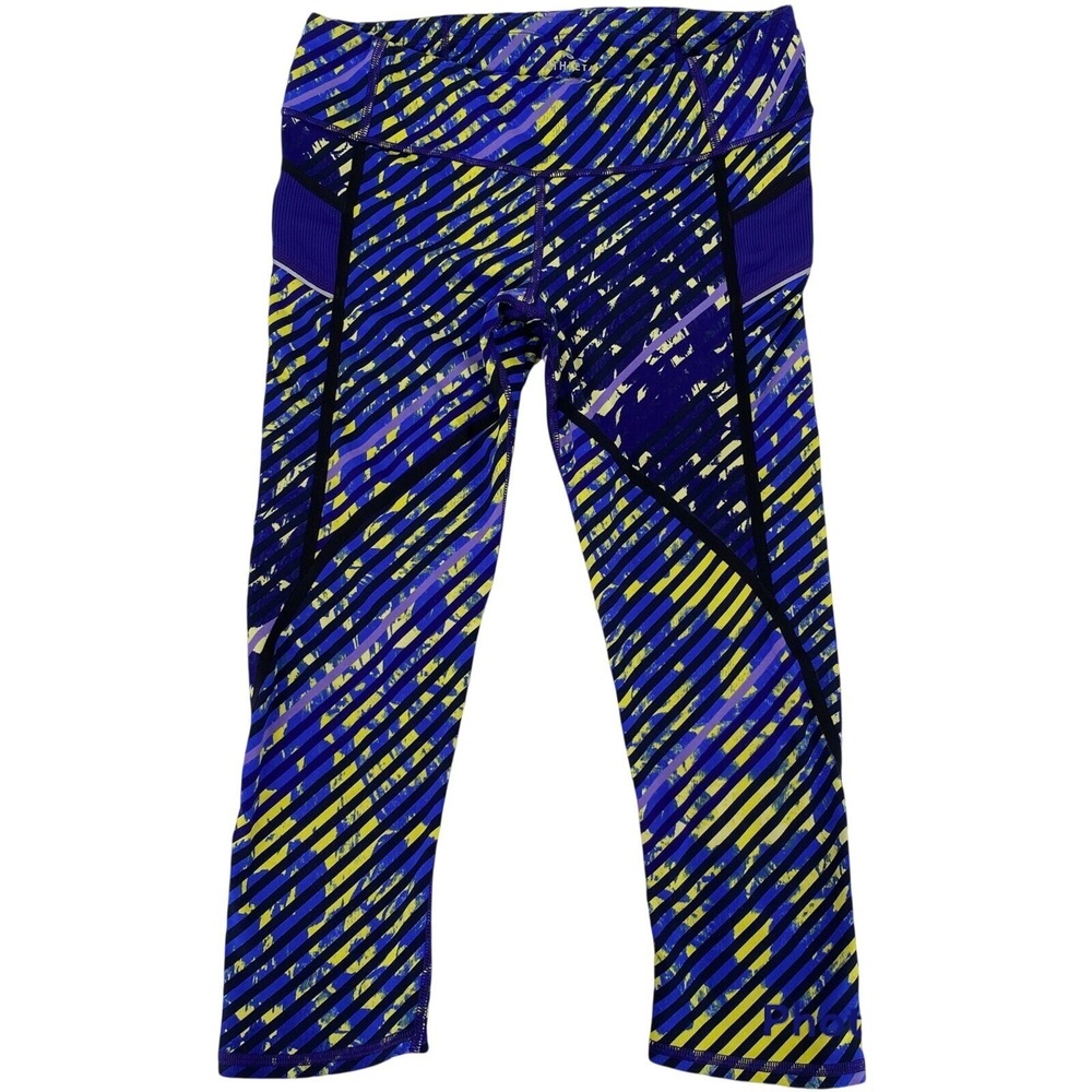Athleta Womens Small Sonar Capri Leggings  Purple Yellow Striped Mesh 983262
